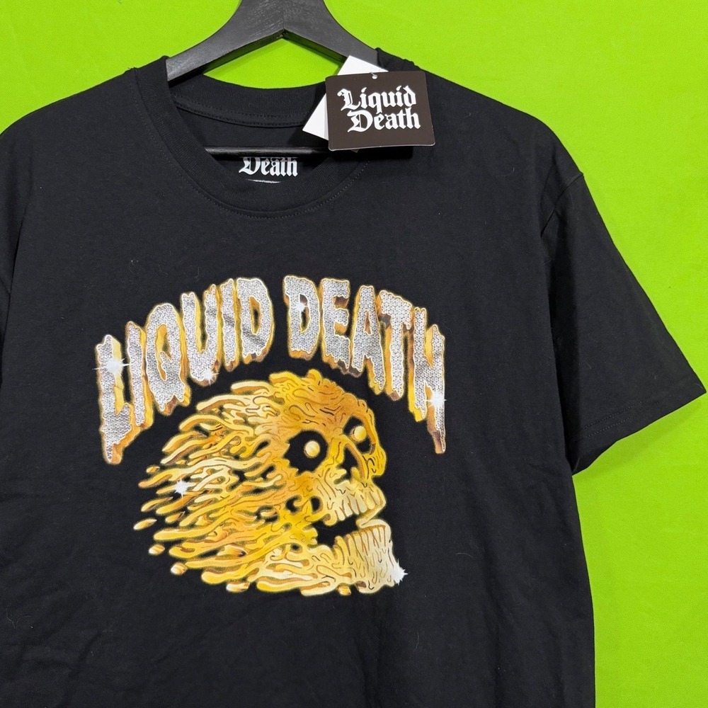NWT Liquid Death Black Graphic T-Shirt Melting Skull Silver Sparkle Large